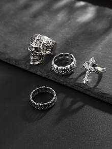 Set de 4 anillos de calavera y cruz punk, accesorios encantadores para el atuendo de fiesta de hombres - Plata antigua - Ver 4