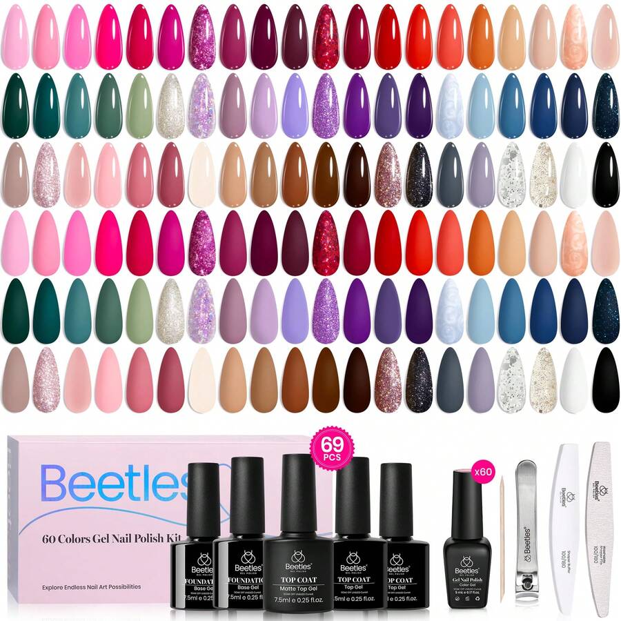 Beetles 55 Colors Spring Gel Nail Polish Set - Vibrant Holiday Kit With Base, Glossy & Matte Top Coat, UV LED Soak Off, Red Brown Pink Green Blue, Easter Gifts For Women - 69 chiếc, 60 màu sắc, vẻ đẹp siêu phàm. - Xem 1