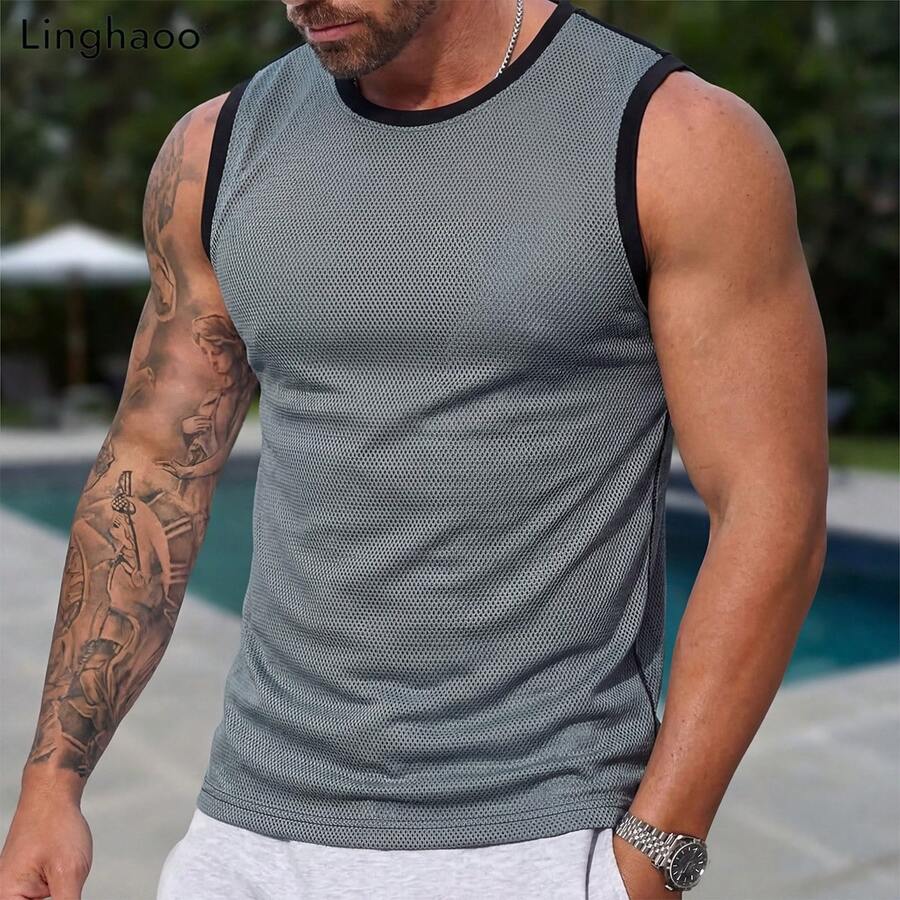 男士凉爽透气宽松圆领无袖背心，夏季 - 灰色 - 查看 1