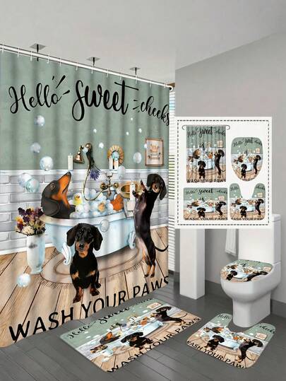 1/4 件套趣味腊肠犬图案浴帘套装，包含 12 个塑料挂钩、浴帘、浴室防滑垫、U 型马桶垫、马桶盖垫，复古动物宠物可爱趣味现代家居装饰浴室配件