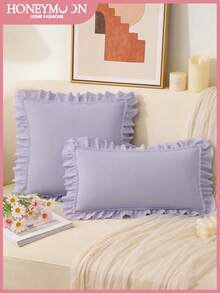 蜜月主题单件荷叶边绗缝抱枕套 - 100% 涤纶预洗面料，浪漫法式荷叶边枕套（不含枕芯），信封式开口，抗皱，可机洗，通过 Oeko-Tex 认证，紫色 - 紫色 - 查看 2