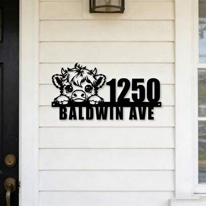 1 Tấm biển số nhà trang trí bằng kim loại rỗng, hình bò cao nguyên dễ thương, biển số nhà phong cách trang trí nghệ thuật, địa chỉ và số nhà cá nhân hóa, trang trí ngoài trời/trong nhà chịu được thời tiết, trang trí nhà treo tường, phụ kiện nhà cá nhân hóa | Nghệ thuật treo tường hiện đại | Trang trí treo tường thanh lịch