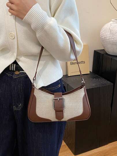 Hevel，艺术法式亚麻拼接极简大容量2025新款时尚单肩斜挎腋下法棍包，女士包袋，女士手提包