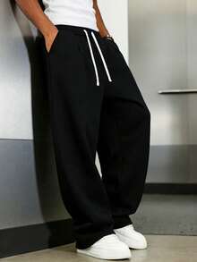 1pc Men's Loose Casual Solid Color Wide Leg Pants, With Drawstring Waist And Large Pockets, Suitable For Daily Walking, Work, Travel And Other Occasions - Black - View 4