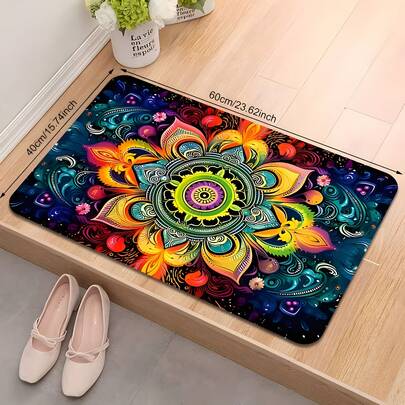 1pc Bohemian Style Mandala Flannel Floor Mat, Soft Polyester Fiber Material, Rectangular Design, Suitable For Entryway, Bedroom, Kitchen, Bathroom, Living Room Decor, Lightweight & Comfortable, Home Decor Gift