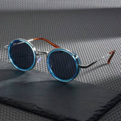 1副装饰性无度数眼镜，金属圆形镜框，蓝色镜腿，高清镜片，百搭日常穿搭、街头风、旅行通勤皆宜。