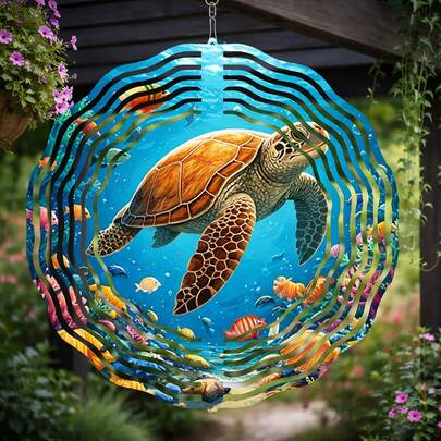 Vibrant Metal Wind Chime, Featuring Lively Sea Turtle And Tropical Fish, Designed For Outdoor Spaces Like Gardens, Patios, And Balconies. This Cartoon Ocean-Themed Artistic Sculpture Is A Unique Gift For Loved Ones (Pendant Not Included), Style Sent Randomly