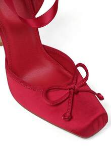 Ballet High Heels Pumps For Women Mary Janes Style Lace-Up Stiletto Heels With Bow Satin Square Toe Elegant  Strappy High Heels Women's Dancing Party Weeding Shoes  - Đỏ - Xem 8