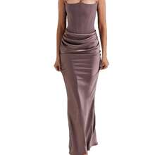 Wt-2026 New Multi-Color Corset Off-Shoulder Fishbone Pleated Long Bodycon Satin Dress. - Màu xanh lá cây đậm - Xem 5