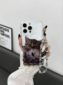 彩绘猫咪动物波浪边简约优雅TPU保护壳，配串珠手链配件，兼容 17 Pro/17 Air/17/17 Pro Max、16/11/16 Pro/16 Plus/16 Pro Max/16 e/15 Pro Max/13/14/12/XS/XR/7G/8 Plus/XR/7/8、15 Pro Max、13、14，软壳保护套 - 彩色 - 查看 3