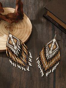 手工串珠流苏耳环，波西米亚风女士时尚流苏耳坠，复古几何图案耳环，日常及节日百搭，感恩节、情人节、母亲节、友谊等节日送礼佳品 - 黃白流蘇耳環 - 查看 1