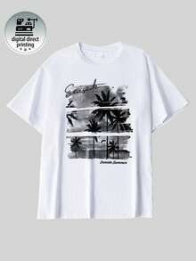 Men's Summer 100% Cotton T-Shirt, Featuring Direct-To-Garment Digital Print Design, With A Y2K Street-Style, Loose-Fit, Minimalist Summer Beach Print - White - View 5