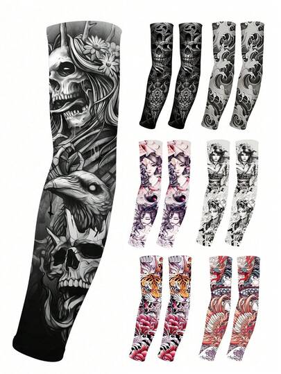 meetsunny 1 双独特纹身降温臂套，男女通用，透气 UPF 50+ 运动压缩临时纹身袖套，人体彩绘龙骨日式角色扮演配件