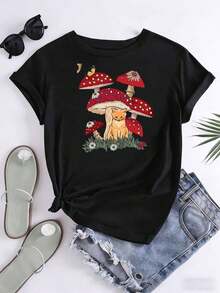 Women Casual Short Sleeve T Shirt Mushroom And Cat Print Summer Outdoor Wear , 220g - màu đen - Xem 3