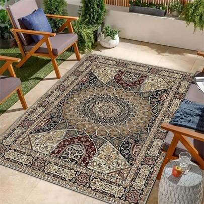 1 件波西米亚风红棕色几何拼接图案地毯，米色底。天鹅绒面料，重约 850 克，厚约 0.6 厘米。耐用、防滑、易清洁。多种尺寸可选。适用于厨房/客厅/餐厅/卧室/阳台/浴室/书房。完美的家居装饰之选。