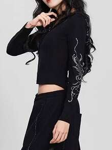 Retro American Rhinestone Embellished Slim Fit Pullover Hoodie, Versatile Black Long Sleeve T-Shirt Undershirt For Women - Black - View 8