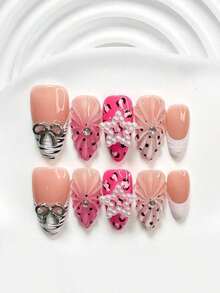 10pcs/Set Valentine's Day Handmade Nail Art Kit, Includes White Flower & Bow Decor, White & Red Gel Nails, French Polka Stickers, Heart Painting, Silver Beads Embedded, 3 Sizes Available: Almond/Square/Coffin Shape, With Set, Suitable Sweet Ladies & Girls, Valentine's Day/Party/Daily Wear Nail Supplies Handmade Press On Nails - 多色 9 - 查看 4