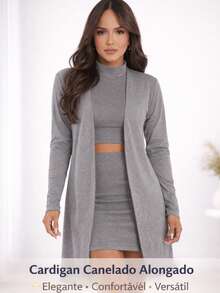 Women's Ribbed Cardigan, Long Sleeve, Open, Casual, Elegant - 灰色 - 查看 8