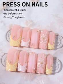 24片长棺材形3D立体花卉装饰珍珠法式美甲假指甲套装，包含：1瓶凝胶指甲油和1把指甲锉 - 彩色 - 查看 2