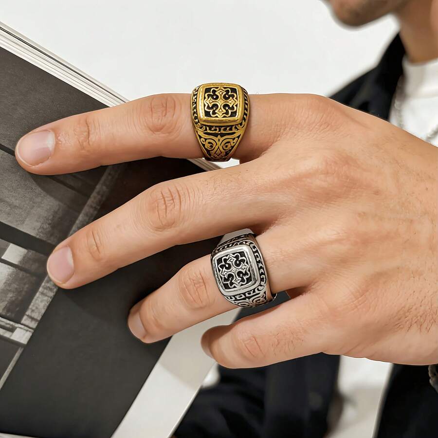 1枚复古花卉十字架哥特嘻哈风316L不锈钢戒指，18K镀金，经久耐用，防水防褪色，适合日常休闲佩戴、服装搭配和主题活动。 - 抹黑花紋十字架男士戒指 - 查看 1