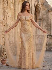 Vestido de noche de sirena con destellos de perlas, adecuado para invitados de boda, fiestas formales, elegante vestido largo ajustado con hombros descubiertos para fiesta de primavera - Champán - Ver 1