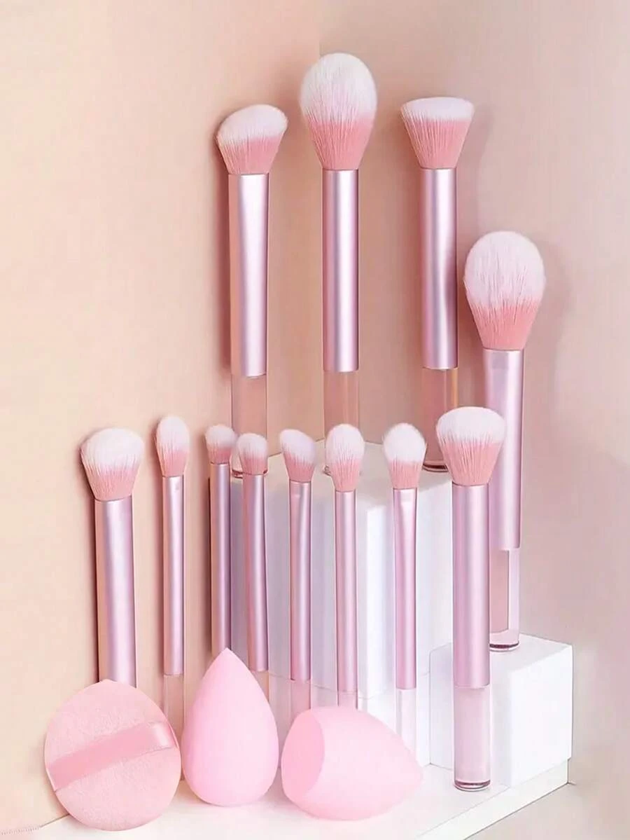 12pcs Pink Transparent Handle Multifunctional Makeup Brush Set - Powder Brush, Blush Brush, Foundation Brush, Eyeshadow Brush, Contour Brush + Angled Makeup Sponge & Round Makeup Sponge, Essential For Beginners - Pink - View 1