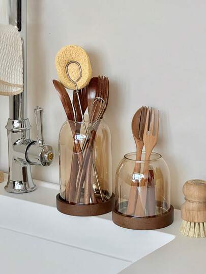 1 pieza Elegante y lujoso soporte para palillos de vidrio ámbar con base de madera, recipiente de almacenamiento a prueba de polvo para cubiertos, organizador de utensilios de cocina, comedor, hotel y restaurante de estilo elegante