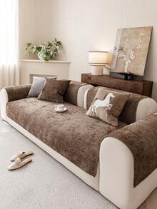1pc Solid Color Chenille Sofa Cushion Cover, Minimalist Starry Floral Pattern, Anti-Slip Anti-Scratch Sofa Protector, Home Decor For All Seasons, Fits 1/2/3/4 Seater Sofa - Brown - View 5