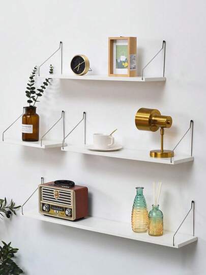 1pc Wall Shelf No-Drill Room Living Room Office One-Word Partition Decorative Wall Shelf Hanging Wooden Bookshelf (Comes With Hooks)