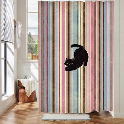 1件复古黑色可爱猫咪图案浴帘，适用于浴室浴缸隔断，浴室配件，浴室帘装饰