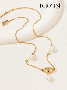 1pc High Quality Stainless Steel Gold Letter D Pearl Tassel Long Necklace, Decoration Accessory For Gala & Party - Yellow Gold - View 7