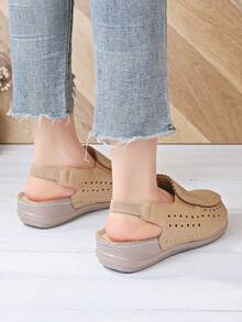 1 Pair Women's Elastic Band Embroidered Handmade Slip-On Mules, Lightweight, Comfortable, Fashionable For Commuting And Travel - Apricot - View 2
