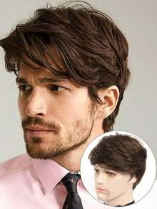 10 Inch Brown & Black Short Textured Synthetic Wig For Men, Versatile For Everyday Wear And Halloween Costumes, European & American Style Short Business Men's Wig, Natural Fluffy Short Hair High Temperature Fiber - Multicolor - View 3