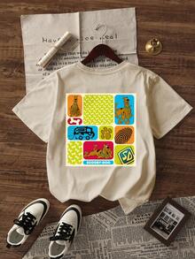 Whysmera SHEIN X SCOOBY-DOO Casual Crew Neck Short Sleeve T-Shirt, Fun Cartoon Dog & Paw Print, Flower Van Grid Elements Combo Print - Apricot - View 5