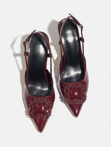 Tacones de aguja con hebilla para mujer, estilo versátil europeo y americano para fiestas, uso diario, trabajo, primavera/verano - Burdeos - Ver 4