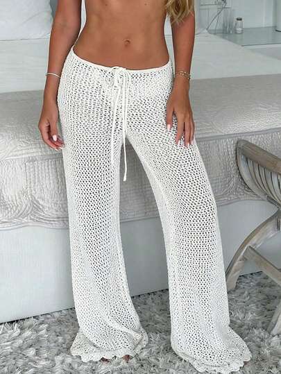 LUBI Women's Hollow-Out Sexy Beach Vacation Loose Knit Wide-Leg Pants, Casual Knit Trousers For Summer Beach Holiday White