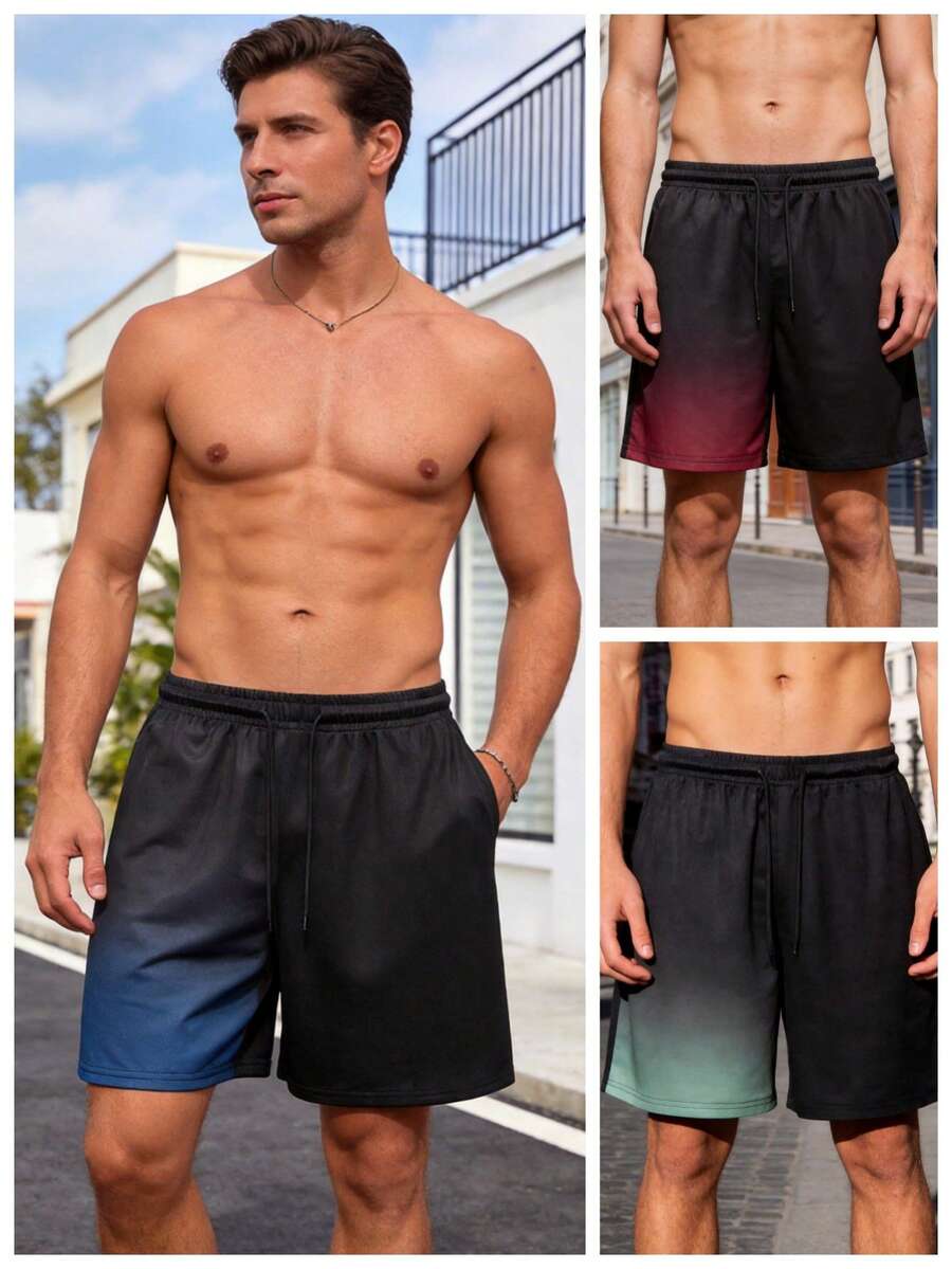 3pcs/Pack Men's Ombre Color Sports Shorts, Fashionable Drawstring Waist Casual Athletic Shorts - Multicolor - View 1