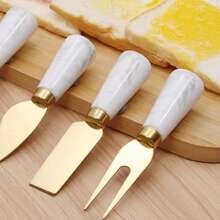 Golden Stainless Steel Cheese Knife And Fork Minimalist Ins Style Butter Knife Pizza Marble Patterned Handle Baking Tool Set - Gold - View 2