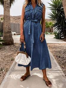 Đầm midi denim không tay cài cúc dành cho nữ, có cổ và túi, kiểu dáng chữ A thắt dây thoải mái, thích hợp cho mùa xuân. - Rửa tối - Xem 2