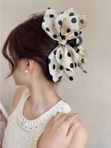 1pc Polka Dot Mesh Bow Hair Claw, Sweet - White Polka Dots - View 5