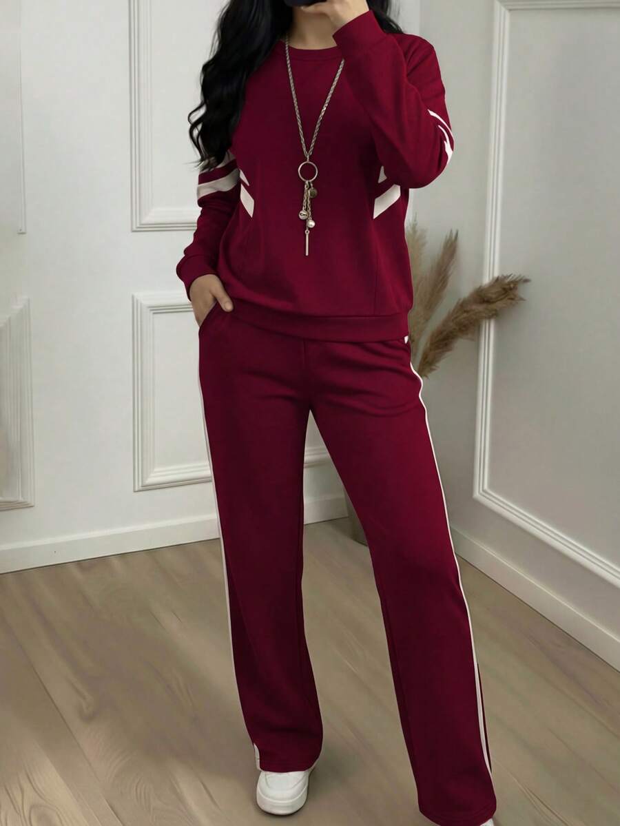 女士条纹印花长袖棕色上衣外套和休闲直筒裤套装，弹性面料，百搭春季穿搭，两件套 - 酒紅色 - 查看 1