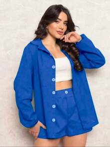 Combination Set Consisting Of A Long-Sleeved Top And Shorts. - Blue - View 2