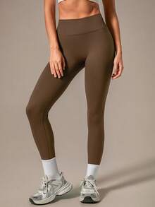 NcmRyu Women's Ono Pc Seamless Ribbed Solid Color High Waist Elastic Slim Fit Leggings - Mocha Brown - View 2