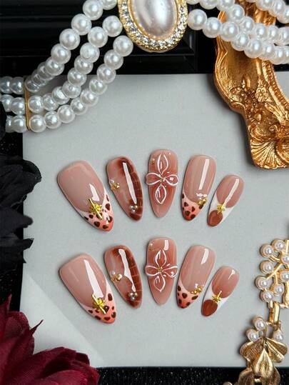 10pcs Almond-Shaped Handmade Press-On Nails,Featuring Nude And Brown Tones, French Tips, Star Accents, And 3D Floral Designs-A Premium Acrylic Press-On Nail Set, Perfect For Daily Wear By Women And Girls.