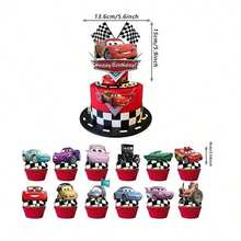 Hasbro Conjunto de decoración para fiesta de cumpleaños con tema de autos, decoraciones grandes para pastel, decoraciones de cupcakes con estilo de carreras a cuadros en blanco y negro, accesorios de decoración para mesa de postres adecuados para fiesta de cumpleaños - Multicolor - Ver 6