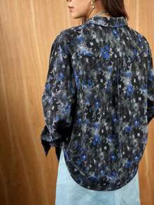 Camisa de mujer de manga larga, con estampado abstracto de arte en todo el diseño, cuello de solapa, moda minimalista, corte holgado versátil, parte superior casual, hecha de tela de poliéster ligera, de secado rápido, lavable a máquina, adecuada para uso diario en primavera, verano y otoño o para viajes, color negro - Negro - Ver 6