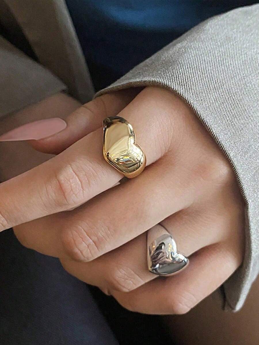 2pcs Fashionable Personalized Smooth Zinc Alloy Heart Open Ring For Women, Suitable For Daily Wear, Party, Summer Jewelry Gift - Multicolor - View 1