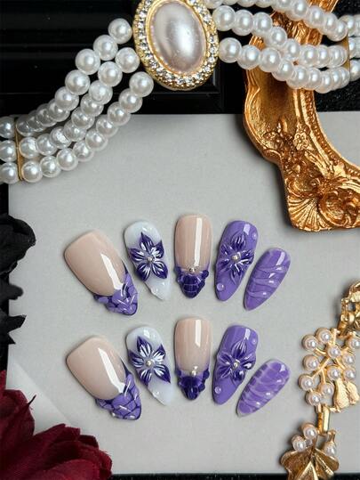 10pcs Almond-Shaped Handmade Press-On Nails,Y2K Style Nails: Featuring Nude And Purple French Tips, Gradient Blending, 3D Floral Accents, And Water-Droplet Gel Effects-A Premium Acrylic Press-On Nail Set Perfect For Women's Daily Wear And Festive Occasions.