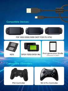 Cable de carga y transferencia de datos de alta velocidad USB A a Mini B de 5 pines, compatible con GP2X F200/Wiz, controlador PS3, serie PSP, NDSi - Negro - Ver 5