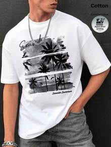 Men's Summer 100% Cotton T-Shirt, Featuring Direct-To-Garment Digital Print Design, With A Y2K Street-Style, Loose-Fit, Minimalist Summer Beach Print - White - View 3